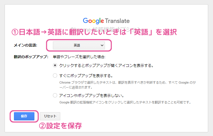 Google翻訳のオプション画面