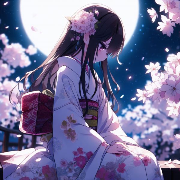 Bing Image Creatorで生成した画像（月夜と桜と少女・日本語プロンプト）
