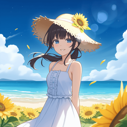 ひまわりと海と女の子のイラスト