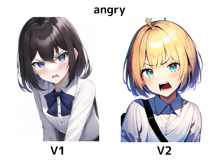 【NovelAI V2】angryで生成した表情のV1との比較