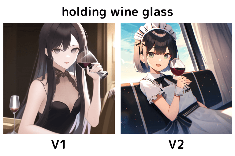 【NovelAI V2】ワイングラスを持つ女性のV1との比較