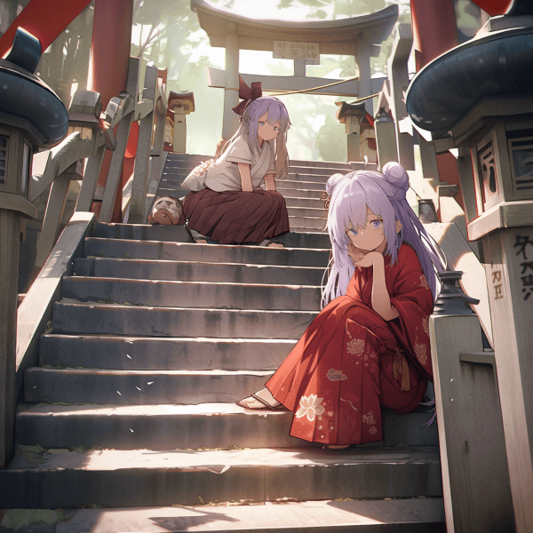 【にじジャーニーアプリ作品例】神社の石段に座る二人の少女