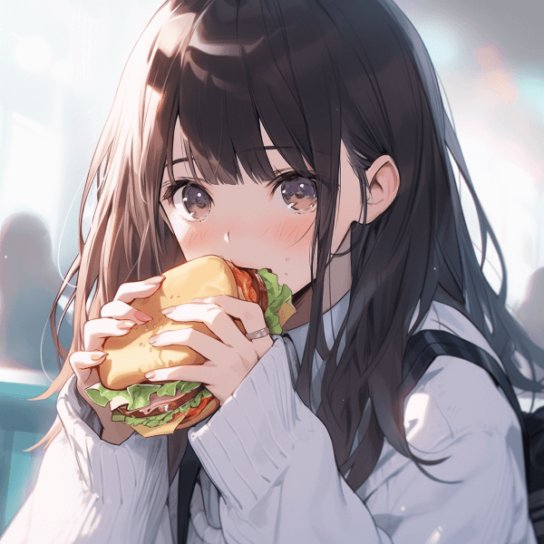 【にじジャーニーアプリ作品例】サンドイッチを食べる女子高生