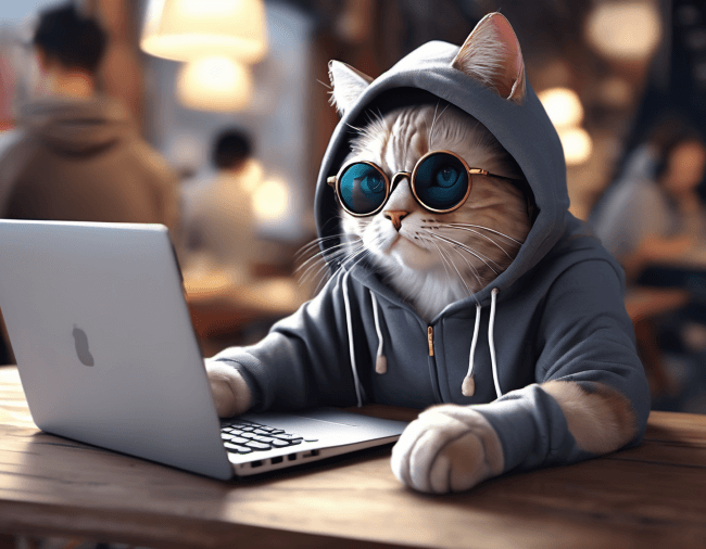 SDXLで生成した「カフェでパソコンをする猫 」の画像