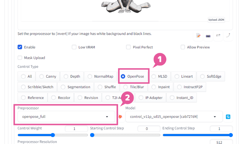 Control Typeで「OpenPose」を選択