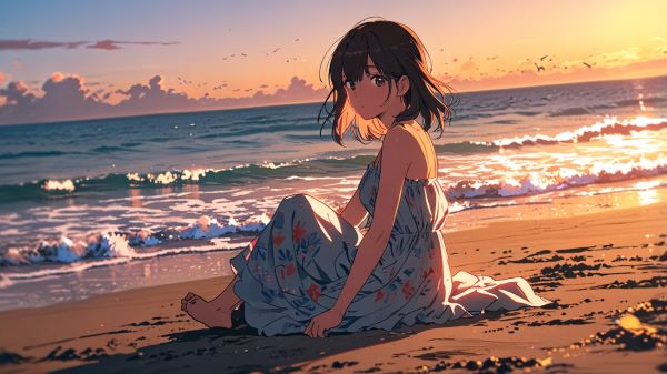 Image to Motionの元画像（夕暮れの海辺の少女）